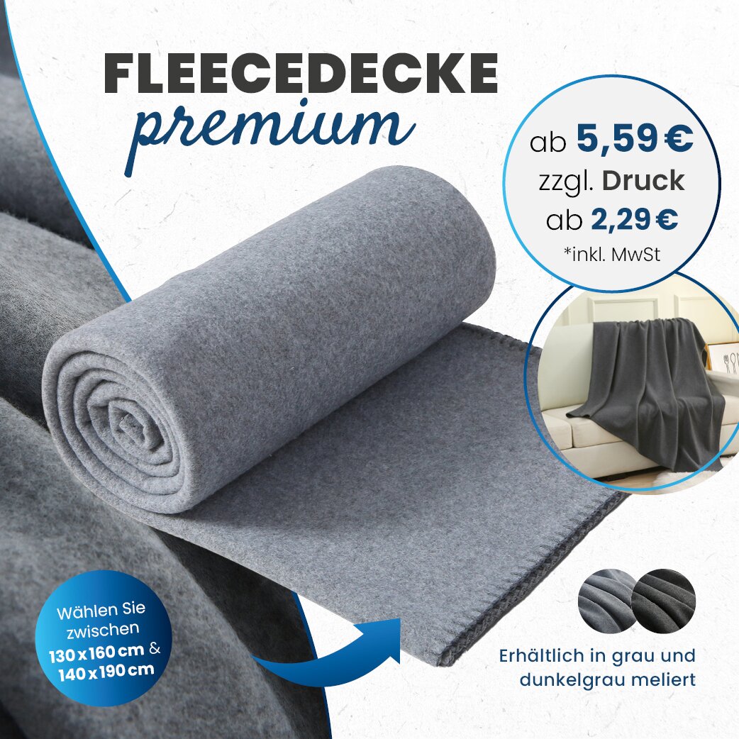 Fleecedecke premium-line meliert in 2 Größen mit Logo-Druck